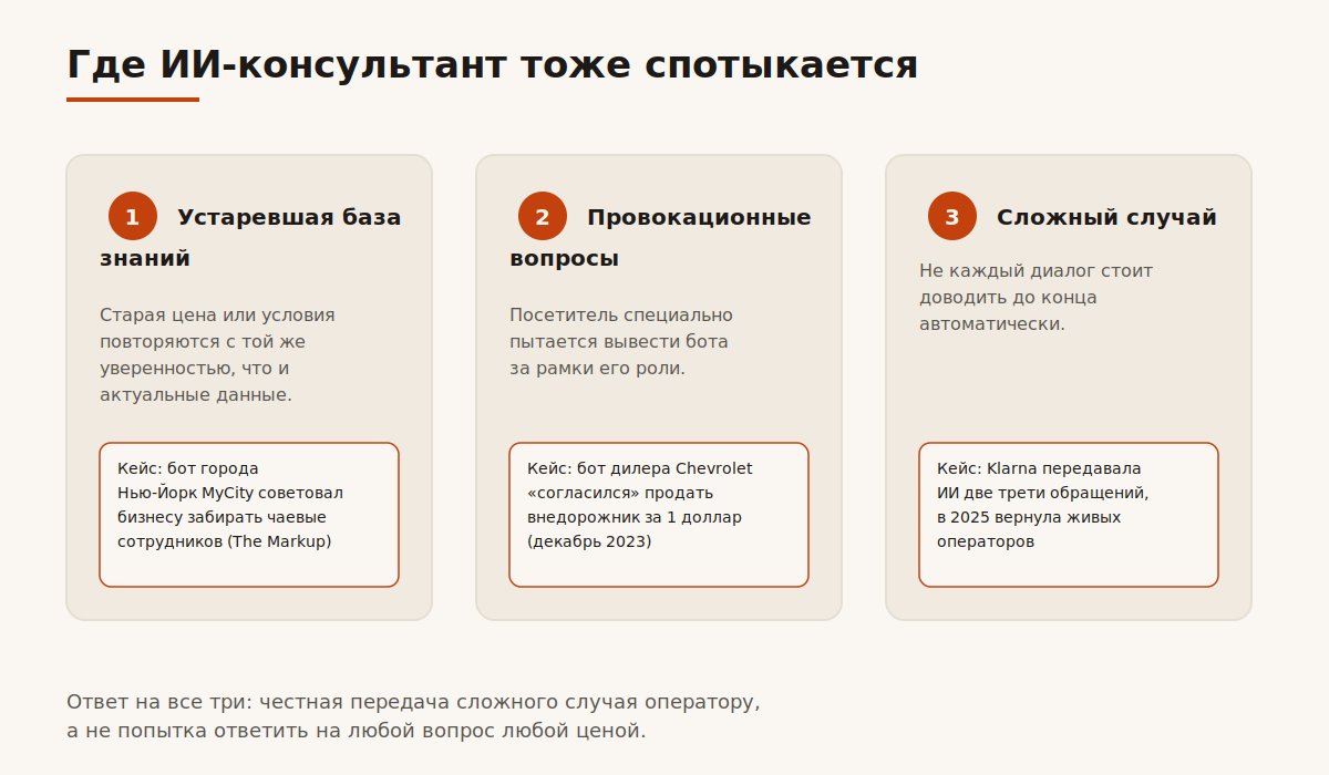 Схема типичных ограничений ИИ-консультанта и передачи сложных случаев оператору
