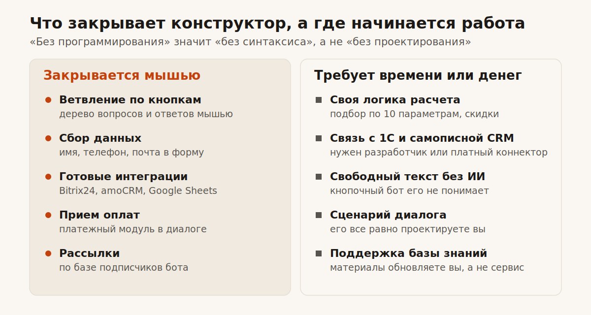 Граница возможностей конструктора чат-ботов без кода
