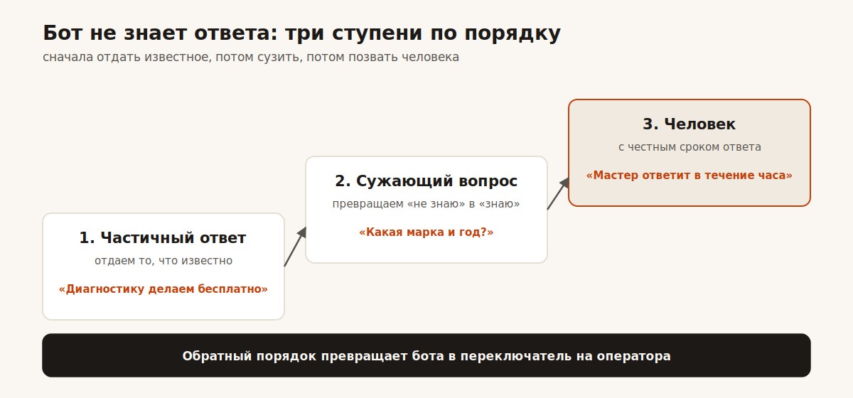 Три ступени ответа, когда бот не знает: ответить частично, уточнить, позвать человека
