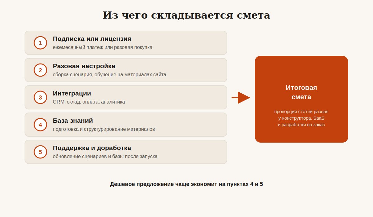 Пять статей расхода в смете чат-бота: подписка, настройка, интеграции, база знаний, поддержка